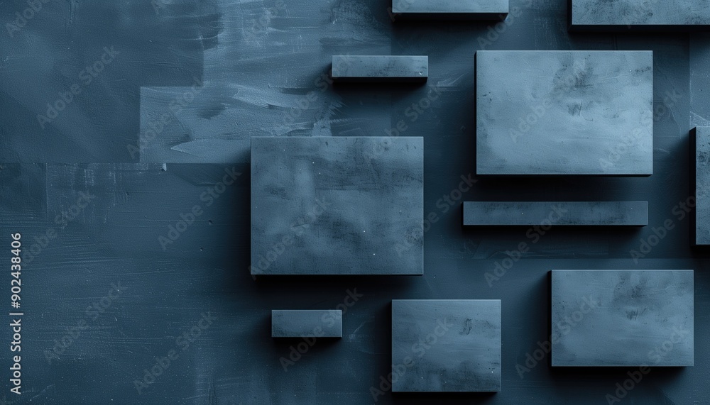 Poster abstract 3d geometric shapes in various sizes on a textured blue background. concepts of modern desi