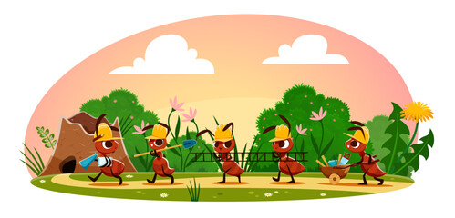 Cartoon ant builders characters near anthill. Team of ants wearing yellow construction helmets carrying building tools like shovels, ladders, and wheelbarrows in a summer garden, emphasizing teamwork