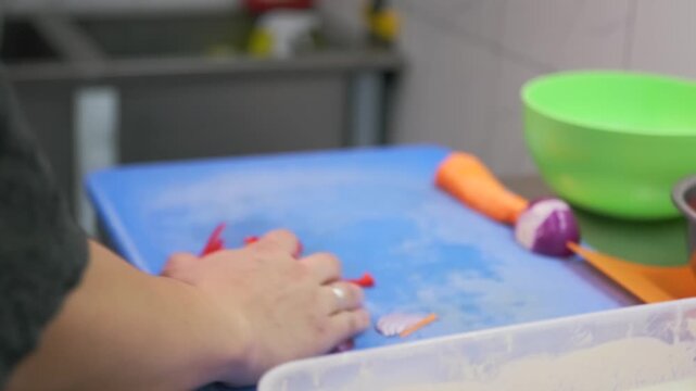 Chef rake sliced ​​carrots, bell peppers and onions into a frying pan to prepare a dish in a professional commercial kitchen of a restaurant.