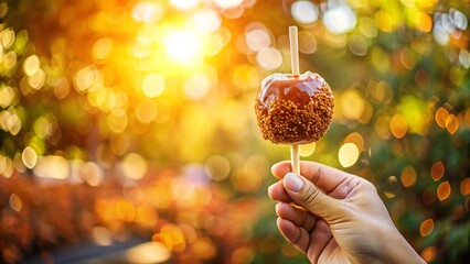 A hand holding a caramel apple on a stick, with the shiny caramel coating glistening in the sunlight against a blurred outdoor background.