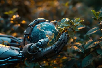 Fototapeta premium Harmony of Technology and Nature: Robot Hands Cradling Earth