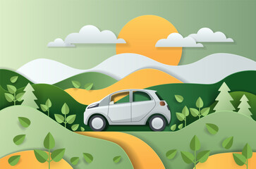 Eco-friendly electric car driving through scenic green hills with trees and plants under a bright sun and clouds in paper cut style