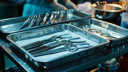 Neatly Arranged Medical Instruments on a Sterile Tray in a Hospital Operating Room