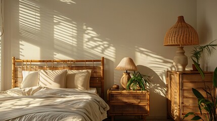 A serene bedroom with a bamboo bedside table, bamboo lamp, bamboo bed frame, and bamboo wall decor
