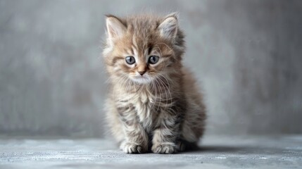 little fluffy kitten on a gray background