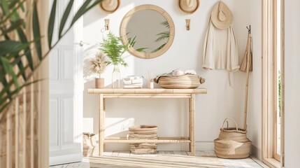 A stylish hallway with a bamboo console table, bamboo mirror, bamboo storage baskets, and bamboo wall hooks
