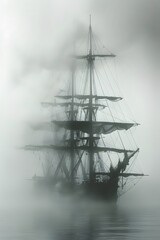 Fototapeta premium a tall ship in the misty fog, ghostly pirate ship
