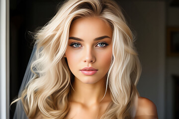Fototapeta premium A stunning blonde woman with long wavy hair and captivating green eyes, captured in a close-up with a bokeh background.