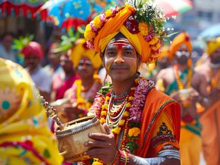 Vibrant dancers perform in a Hindu festival procession, showcasing a colorful and lively...