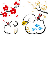 2025年　年賀状　巳年　令和7年　手描きのへびの親子と紅白梅　縦　文字なし