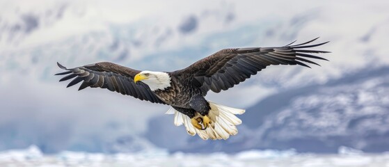 Fototapeta premium Bald eagle soaring over Alaska Bay near Homer