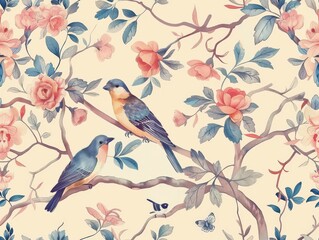 A seamless vintage pattern featuring birds, flowers, leaves, and branches in a nature-inspired design