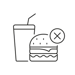 No Junk Food Line Icon, Unhealthy Eating with Prohibition Sign. Burger and Soda for Healthy Diet Awareness. Isolated Vector Illustration
