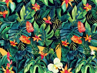 Seamless floral pattern featuring green leaves and flowers, perfect for vintage wallpaper and seasonal decorations