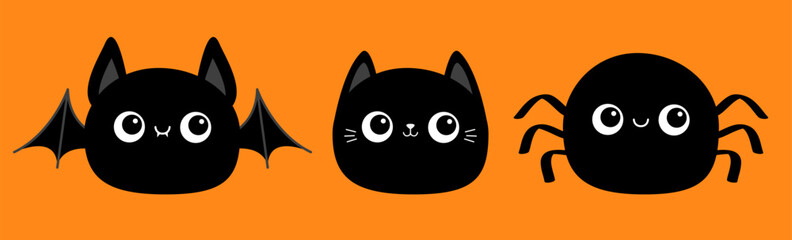 Happy Halloween. Black Bat, Cat kitten, Spider round icon set. Smiling face. Cute cartoon baby character. Kawaii animal. Childish style. Sticker print. Flat design. Orange background. Isolated. Vector