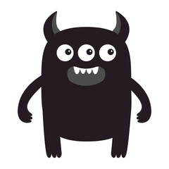 Fototapeta premium Cute monster icon. Scary face head. Three eyes, fang tooth, horns. Black silhouette. Cartoon boo spooky kawaii funny baby character. Happy Halloween. Flat design. White background. Vector illustration