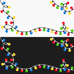 Christmas lights round set. Lightbulb glowing garland line. Colorful string fairy light corner. Cartoon holiday xmas decoration. Rainbow color. Flat design. Isolated. Black White background. Vector