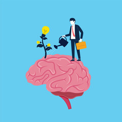 Businessman watering seeds growing in their brains. Vector illustration of growing business idea concept