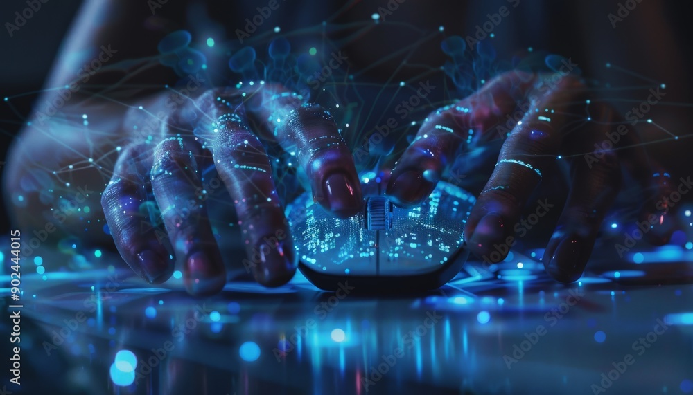Poster digital connection: a close-up of hands navigating a network of data for your background business, p