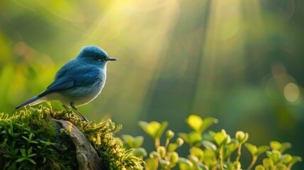 Obraz premium Ultramarine Flycatcher (Superciliaris ficedula) cute blue bird perching on top mossy stick over far blur green background in shaded sun lighting, amazing nature
