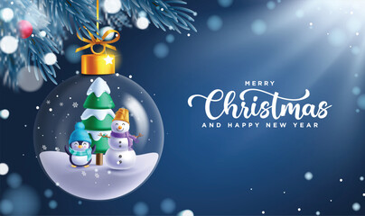 Merry christmas greeting vector design. Christmas and happy new year greeting text with penguin and snowman characters in hanging crystal glass ball for seasonal card background. Vector illustration 