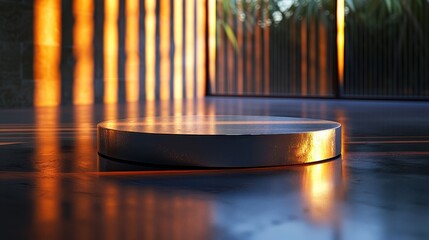 A shiny silver object sits on a wet floor