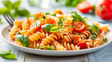Fusilli Pasta with Tomato Sauce and Basil.