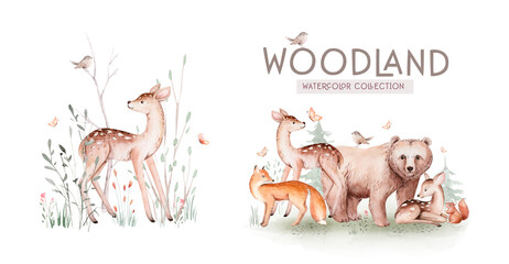 Cute baby fox, deer animal nursery rabbit and bear isolated illustration for children. Watercolor boho forest drawing, , hedgehog image Perfect for nursery posters © kris_art