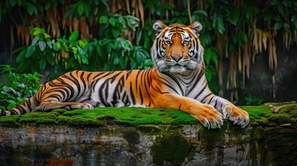 Fototapeta premium beautiful bengal tiger with lush green habitat background