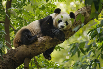 Obraz premium A Giant Panda Resting on a Tree Branch in a Lush Forest
