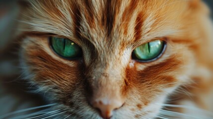 Portrait of a funny beautiful red fluffy cat with green eyes in the interior, pets