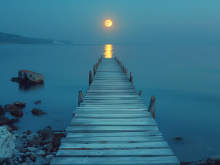 Fototapeta premium Seaside Pier Illuminated by Moonlight: A Nighttime Escape by the Sea