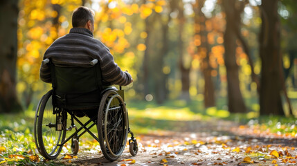 Disabled person with spina bifida in the park. Spina Bifida Awareness Month. Man in wheelchair on yellow background. Horizontal banner, free space for text. Neural Tube Defect, birth defect