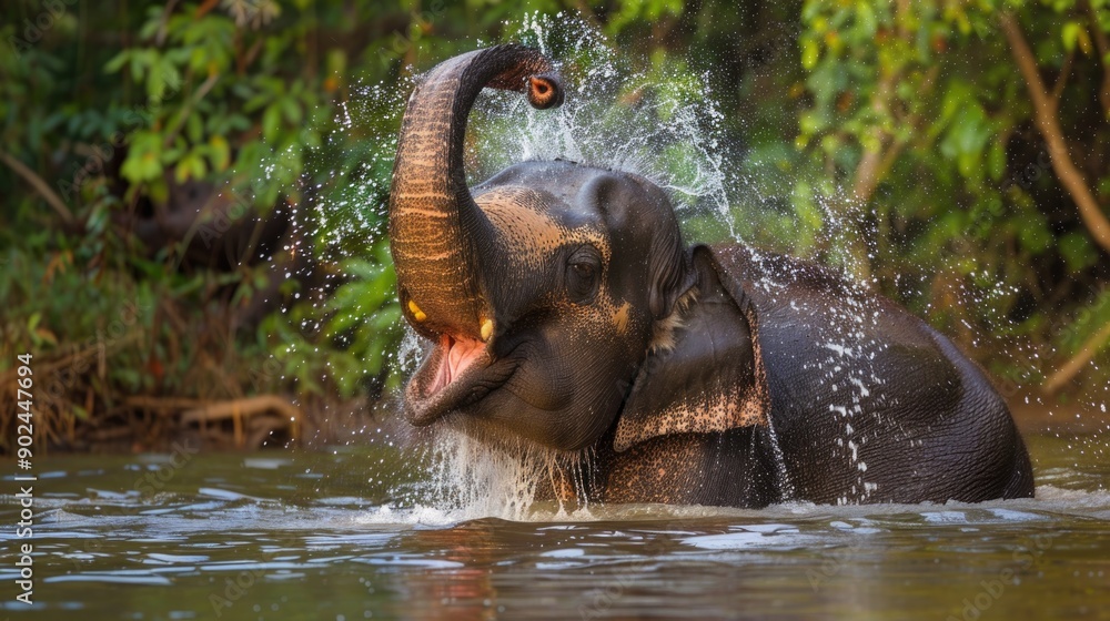 Wall mural a male asian elephant is enjoying bathing