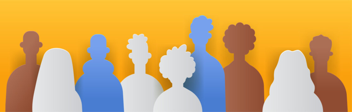 Diverse group of people paper cut style silhouettes in various colors on yellow background