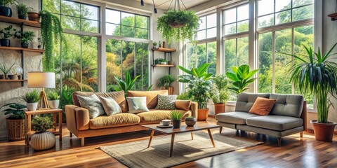Fototapeta premium Cozy living room interior with expansive windows, comfortable sofa, plush armchair