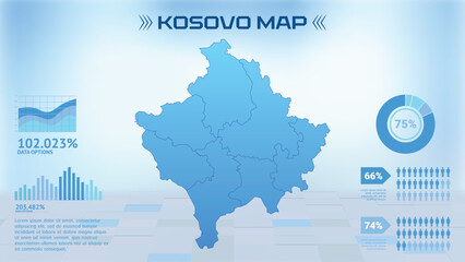 Blue Kosovo Flag Map with States, Political Kosovo Flag infographic map vector illustration