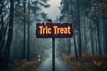 Enchanted Forest Collage: Pictures of an enchanted forest with mystical creatures, fog, and eerie lights. The text "Trick or Treat" in a mystical, forest-themed font. 