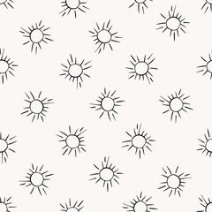 Hand drawn seamless pattern sketch outline illustration isolated sun. White background. Print posters flyers badges clothes stationery wrapping paper.