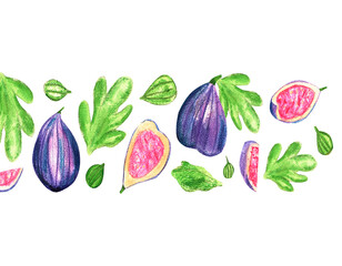 Seamless border with white flowers, watercolor, figs.