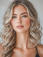 Naklejka premium Beautiful woman sexy closeup portrait. Sensual clean face, skin, blonde hair. Gorgeous young girl beauty portrait on isolated blurred natural background. Face care, facial treatment. Generated AI