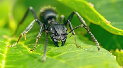 A black ant resting on green leaf