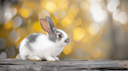 The rabbit sit on the wood with light bokeh form nature background. Easter day