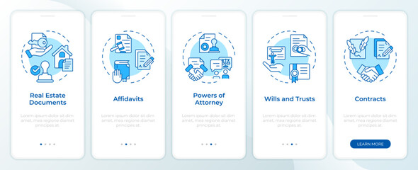 Notarization documents blue onboarding mobile app screen. Walkthrough 5 steps editable graphic instructions with linear concepts. UI, UX, GUI template. Montserrat SemiBold, Regular fonts used