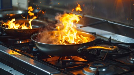 Modern Stove Ignited with Flames, Featuring a Pan and Recipe in Use. Contemporary Cooking Setup with Dynamic Flames and Culinary Activity.