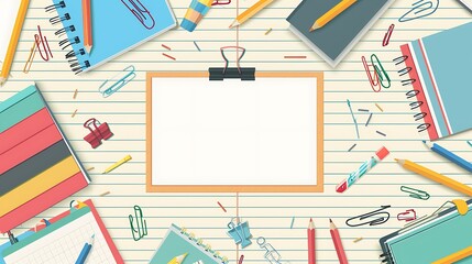 Fototapeta premium Illustrate a back to school background that includes a central empty text space, surrounded by different types of paper, pencils, and clips, against a background of lined paper texture.