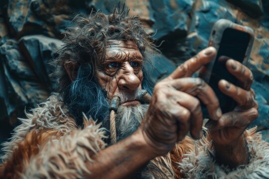 Ancient Man Takes a Selfie, Modern Technology in Cavemen Hands, Wild Man with Smartphone