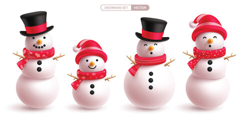Christmas snowman characters vector set design. Snowman character wearing magician hat, red scarf and twig in funny, happy and smiling cute face collection. Vector illustration ice costume elements. 
