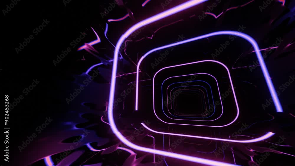 Poster 4k seamless looped animation. fly through mirror tunnel with neon pattern, glow lines form sci fi pa