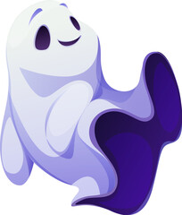 Cartoon Halloween ghost character, scary spooky personage, horror evil monster. Adorable vector smiling phantom with a mischievous charm, playfully frightens adding friendly twist to the holiday night